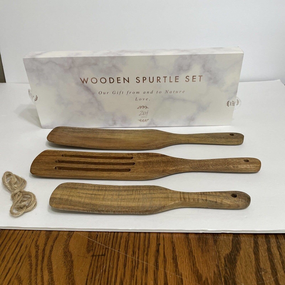 Wooden Spurtle Kitchen Tools 3 Pc Set Acacia Spatula Cooking Utensils Nonstick